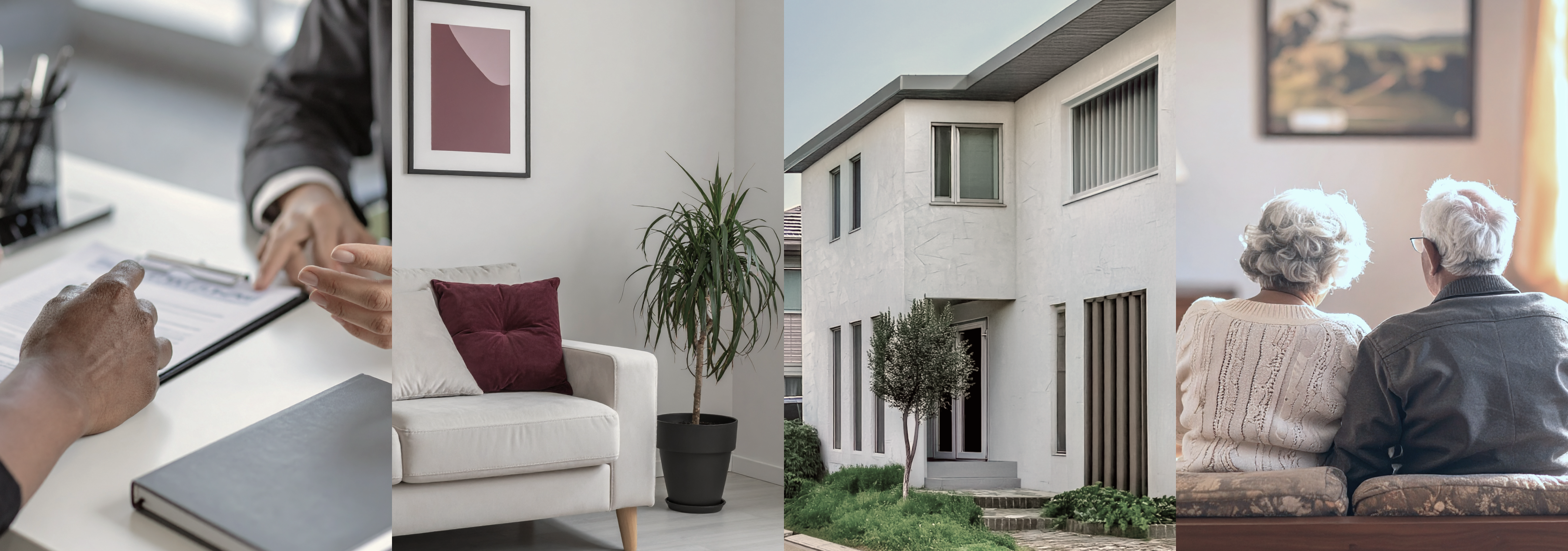 不動産屋の写真、ソファの写真、家の外観の写真、老夫婦の写真